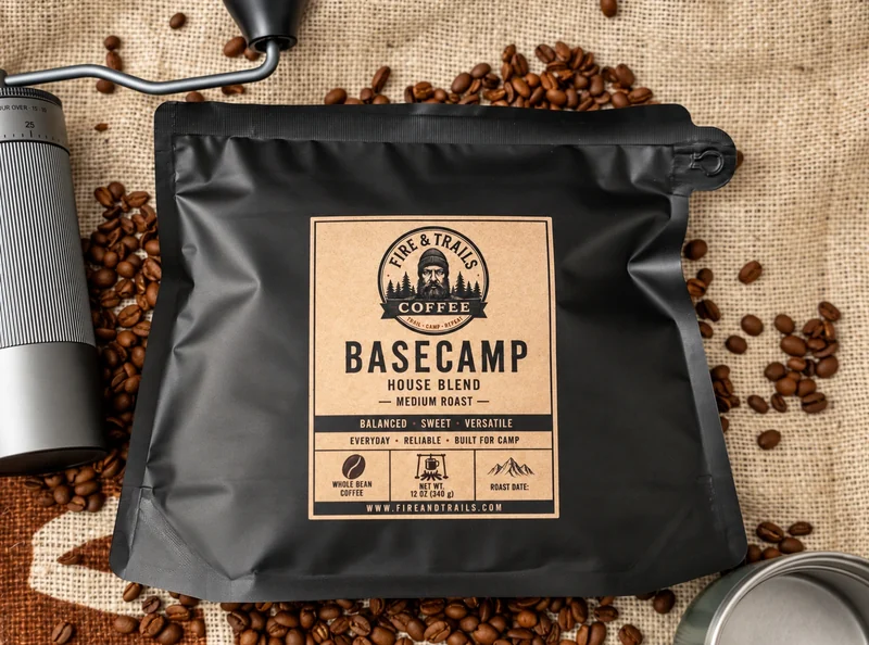 Basecamp whole-bean coffee bag on burlap with coffee beans and a hand grinder