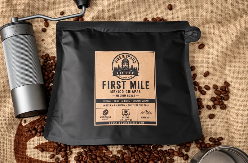 Black First Mile coffee bag with its full label, on burlap among coffee beans and a hand grinder