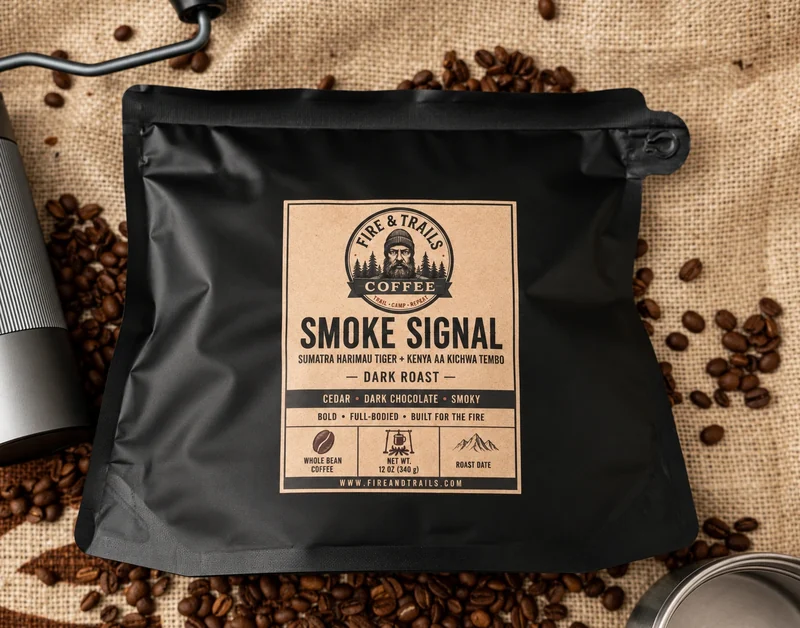 Black Smoke Signal coffee bag on burlap, its full label visible, surrounded by coffee beans and brewing equipment