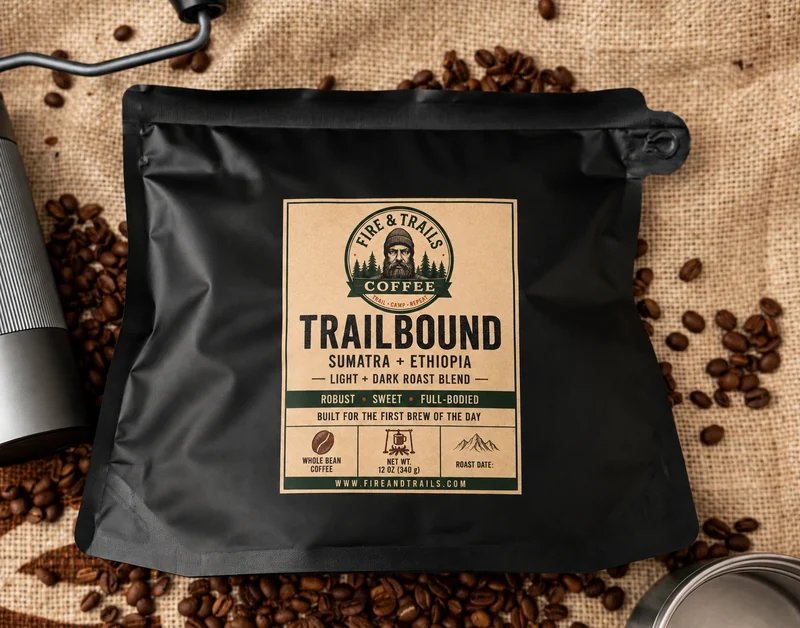 Trailbound whole-bean coffee bag on burlap with coffee beans and a hand grinder