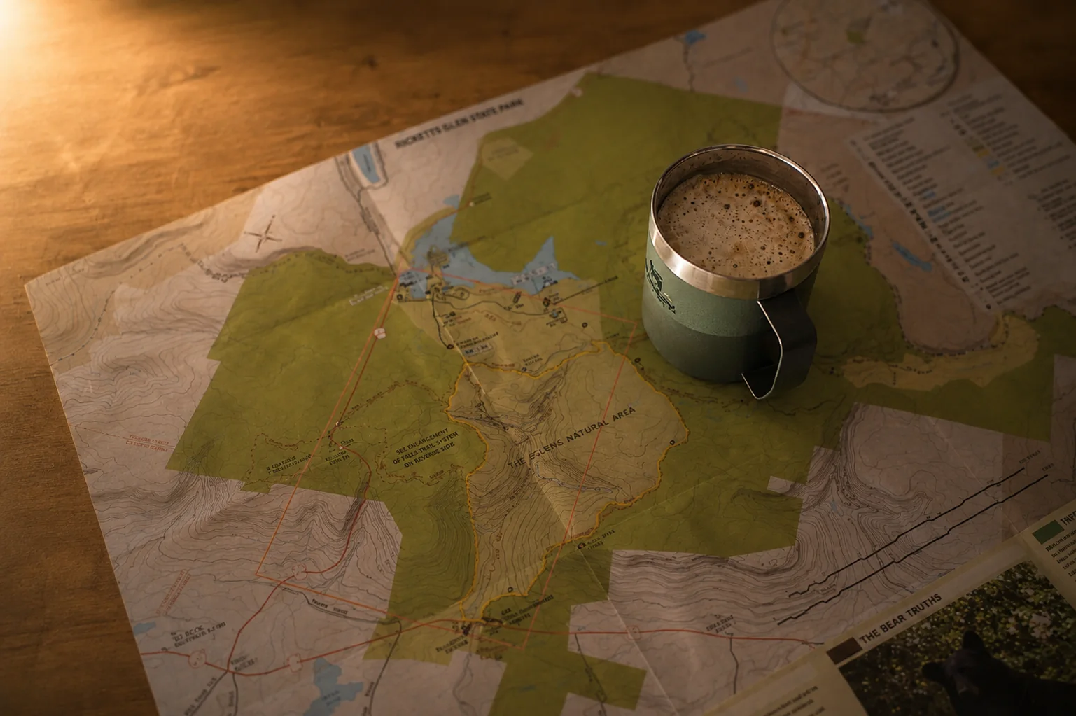 A green coffee cup resting on a detailed trail map in warm morning light